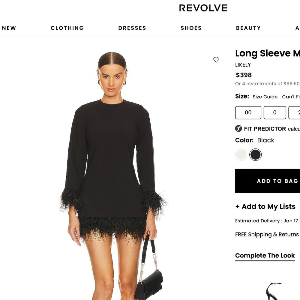 LIKELY Long Sleeve Black Feather Lined Dress